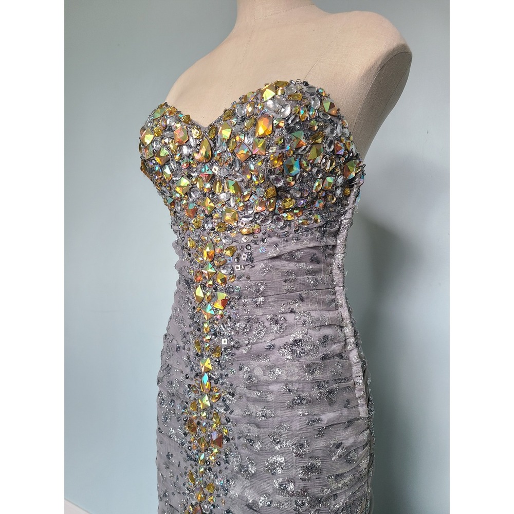 Jovani Sz 2 Mermaid Formal Prom Dress Silver Sparkly Cheetah Y2K McBling Studded - Picture 9 of 11